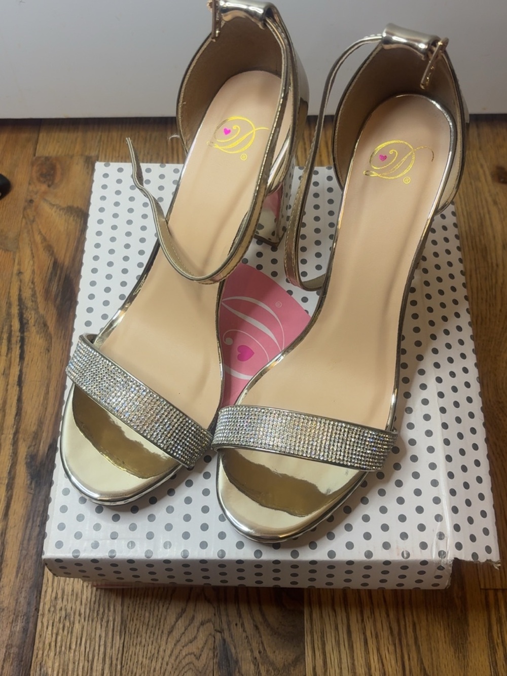 Delicious Metallic Gold Block Heel Sandals with Rhinestone Front Strap - Picture 2 of 5